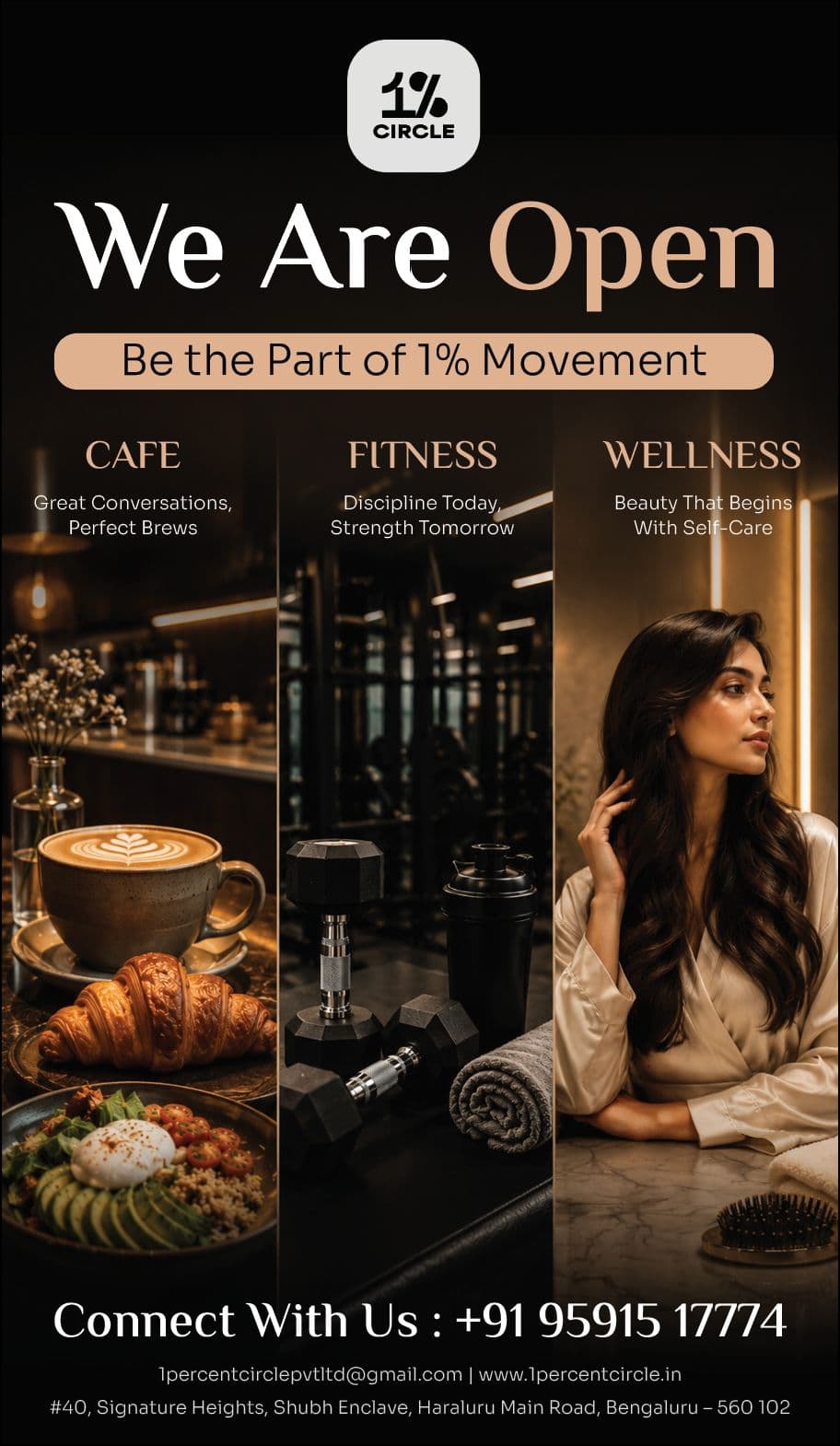 1% Circle — We Are Open launch creative for café, fitness and wellness