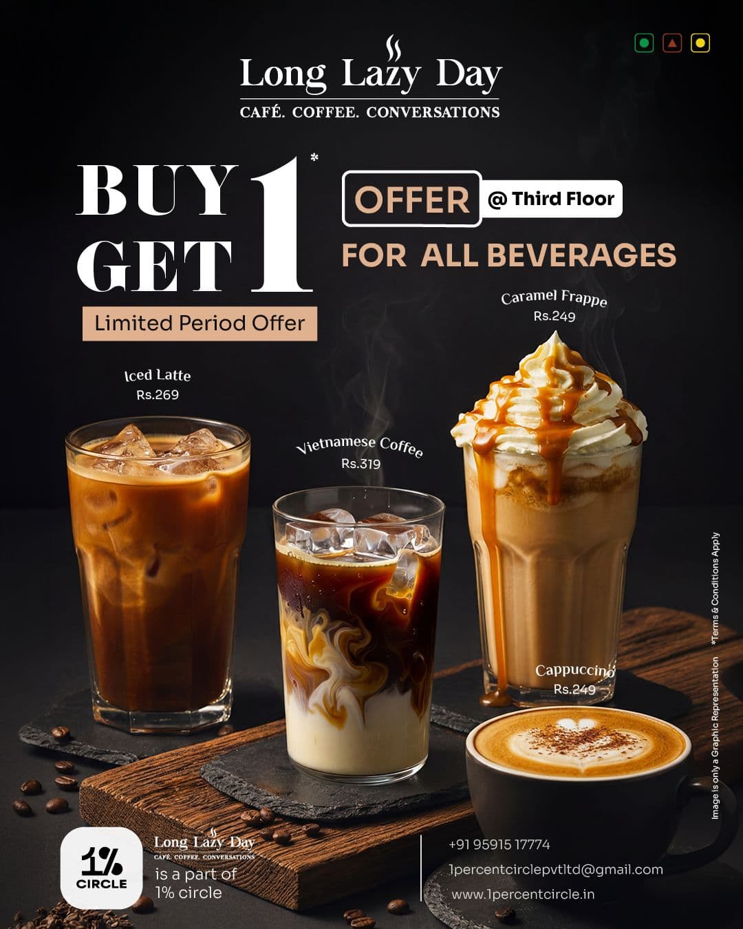 Long Lazy Day Buy 1 Get 1 beverage offer creative