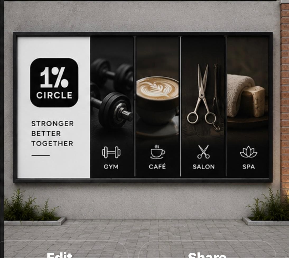 1% Circle Stronger Better Together — gym, café, salon, spa ecosystem
